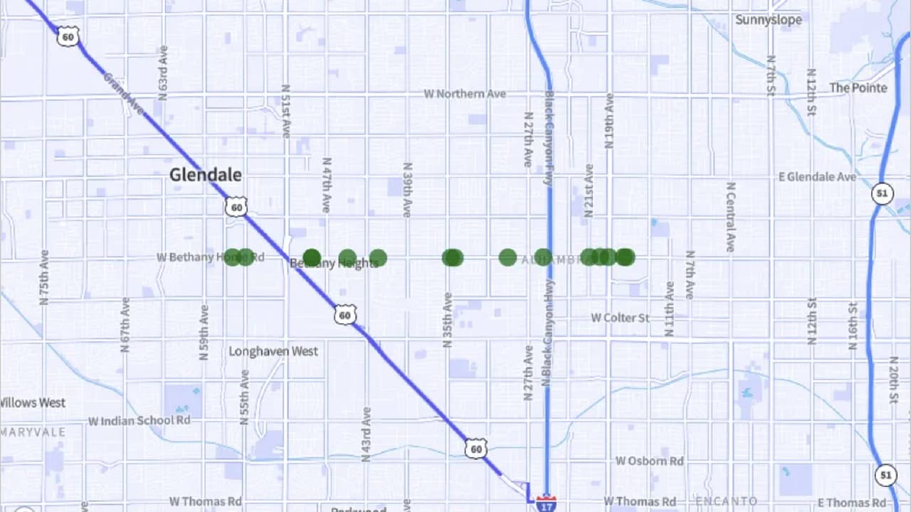<b>Bethany Home Road</b> desde N 17th Avenue hasta N 56th Avenue, entre Phoenix y Glendale.
<br>Accidentes fatales: 15
<br>Accidentes por milla: 3.1.