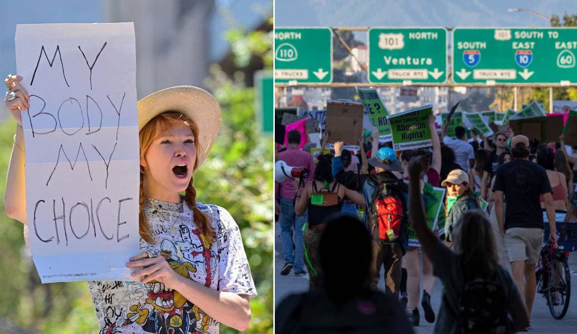 Cientos de personas salieron a las calles del centro de Los Ángeles para protestar tras la decisión de la Corte Suprema de Estados Unidos que anuló este viernes Roe v. Wade, la base legal que garantizaba el derecho de las mujeres a abortar.