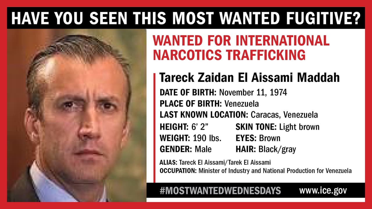 ICE coloca en la lista de los más buscados al ministro de Maduro El Aissami y lo cataloga como traficante de drogas