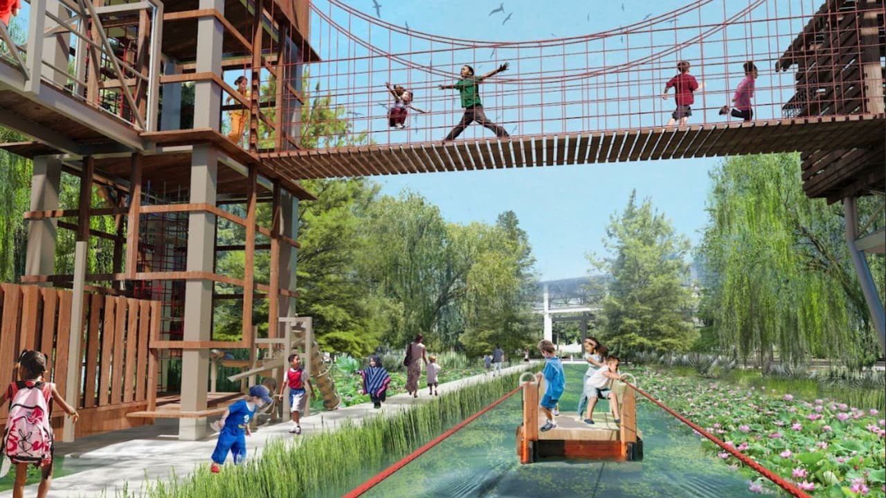 El parque incluirá
<b> instalaciones recreativas y deportivas</b>. Entre los elementos destacados están 
<b>áreas de juegos acuáticos, pistas de patinaje sobre ruedas, canchas deportivas, senderos, jardines y zonas dedicadas a actividades acuáticas como kayak y canotaje</b>.