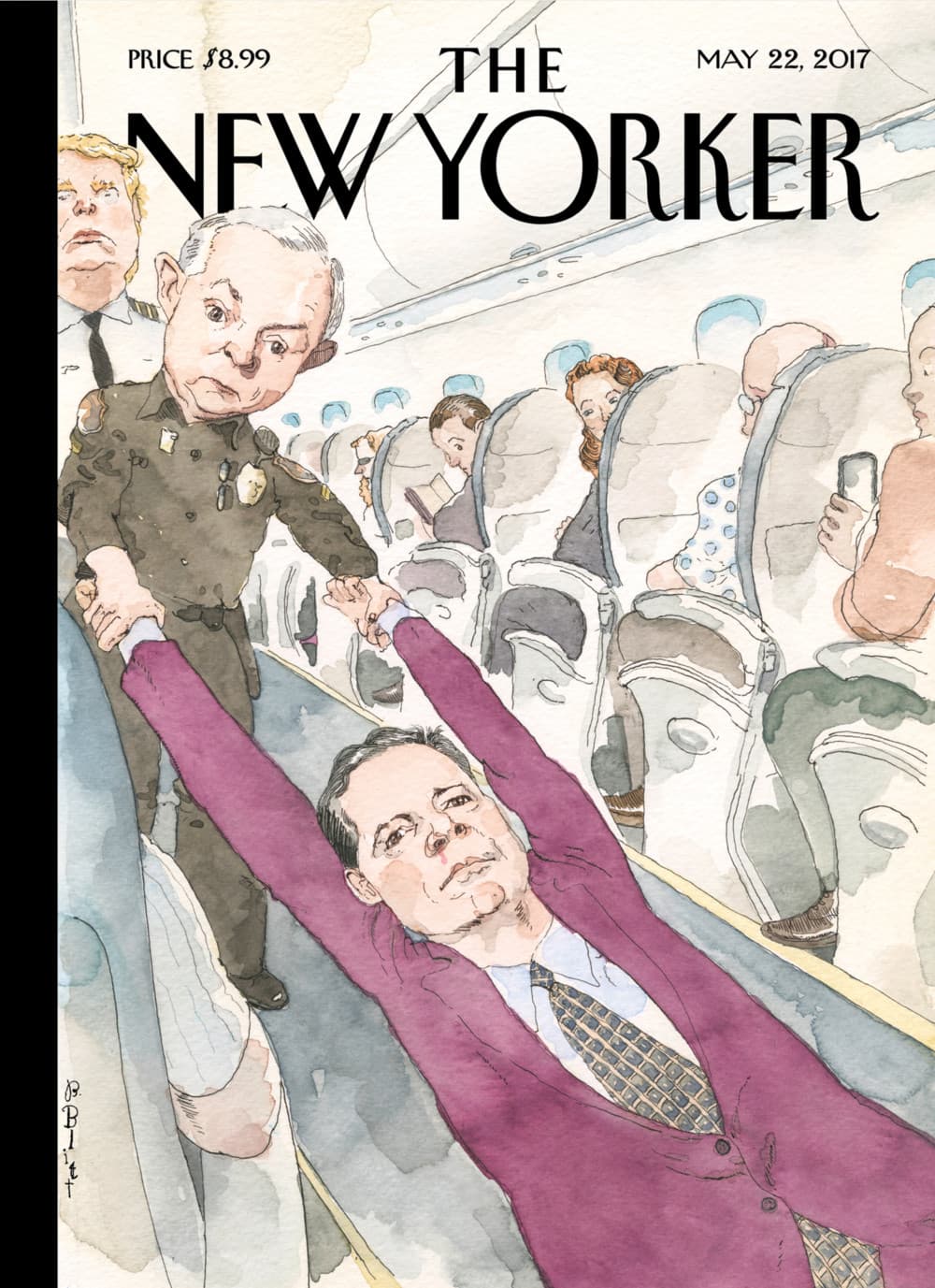 <b>22 DE MAYO DE 2017. </b>La portada ilustra la abrupta decisión de 
<b><a href="http://www.univision.com/temas/donald-trump" target="_blank">Donald Trump</a></b> de 
<b><a href="http://www.univision.com/noticias/politica/los-10-momentos-que-explican-la-abrupta-salida-de-james-comey-del-fbi-fotos" target="_blank">despedir al director del FBI, James Comey</a></b>, el 9 de mayo. La Casa Blanca informó que la decisión se tomó en base a una recomendación del fiscal general
<b> <a href="http://www.univision.com/temas/jeff-sessions" target="_blank">Jeff Sessions</a>, </b>pero Trump dijo luego que pensaba despedirlo desde antes. La imagen muestra el despido expresado en otra noticia reciente: la de agentes 
<b><a href="http://www.univision.com/noticias/trending/el-hombre-que-fue-sacado-a-la-fuerza-de-united-y-los-excesos-de-las-aerolineas-contados-en-otros-cinco-virales" target="_blank">arrastrando violentamente a un hombre fuera de un avión de United Airlines</a></b> que estaba sobrevendido. El video provocó indignación y el CEO tuvo que declarar ante un comité del Congreso. La obra 
<b><a href="http://www.newyorker.com/culture/cover-story/cover-story-2017-05-22" target="_blank">se llama "Ejectado", y su ilustrador es Barry Blitt</a></b>. "Comey es muy alto... probablemente hubiera estado feliz de dejar el asiento en una cabina estrecha", dijo.