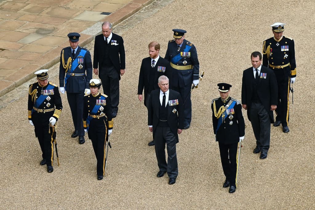 En esta imagen se puede ver más en detalle a Harry y Andrés sin uniformes. (Primera fila desde la izquierda) el rey Carlos III; la princesa Ana; el príncipe Andrés, y el príncipe Eduardo, conde de Wessex. (Segunda fila desde la izquierda) William, príncipe de Gales; el príncipe Harry, el duque de Sussex y Peter Phillips (hijo de la princesa Ana). (En la tercera fila desde la izquierda) el príncipe Ricardo; el duque de Gloucester y el vicealmirante Timothy Laurence.