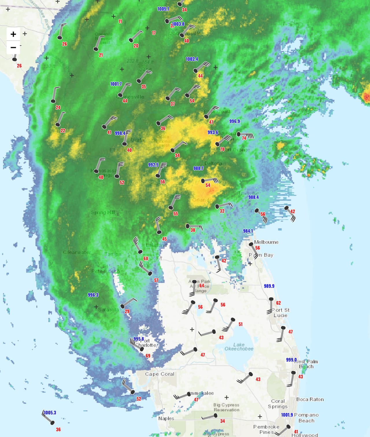 Mapa del huracán Milton a su paso por Florida.