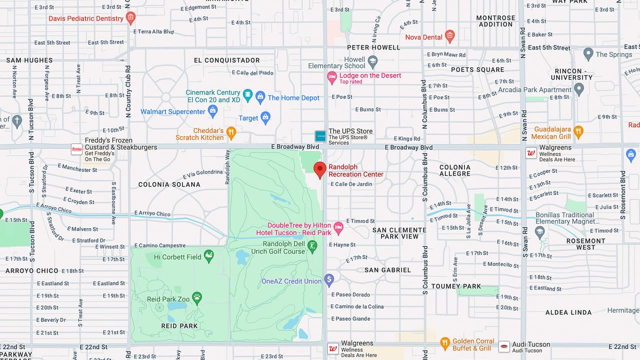 Randolph Center, 
<a href="https://www.google.com/maps/place/Randolph+Recreation+Center/@32.21918,-110.910039,15z/data=!4m6!3m5!1s0x86d67024320f96c5:0xa52de7515f39e29f!8m2!3d32.2191795!4d-110.9100387!16s%2Fg%2F1v1slnzj?hl=en&entry=ttu" target="_blank">200 S Alvernon Way.</a>