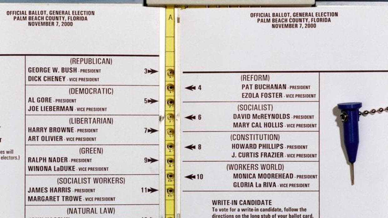 Esta boleta de mariposa causó confusión en las elecciones de 2000. Muchos votantes en el condado de Palm Beach accidentalmente votaron por el candidato Pat Buchanan, del Partido de la Reforma, en lugar del demócrata Al Gore.