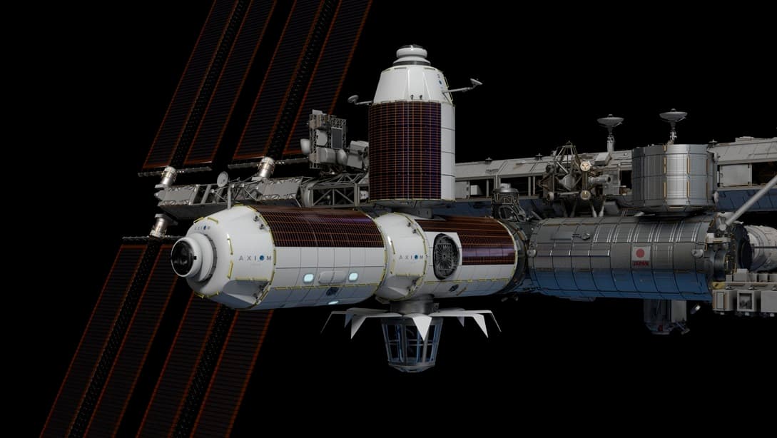 Esta ilustración muestra cómo será la unión de los dos nuevos módulos con la antigua Estación Espacial Internacional, que se realizará el segundo semestre de 2024. La nueva estructura, denominada ‘Segmento Axiom’, ampliará el volumen utilizable de la estación actual.