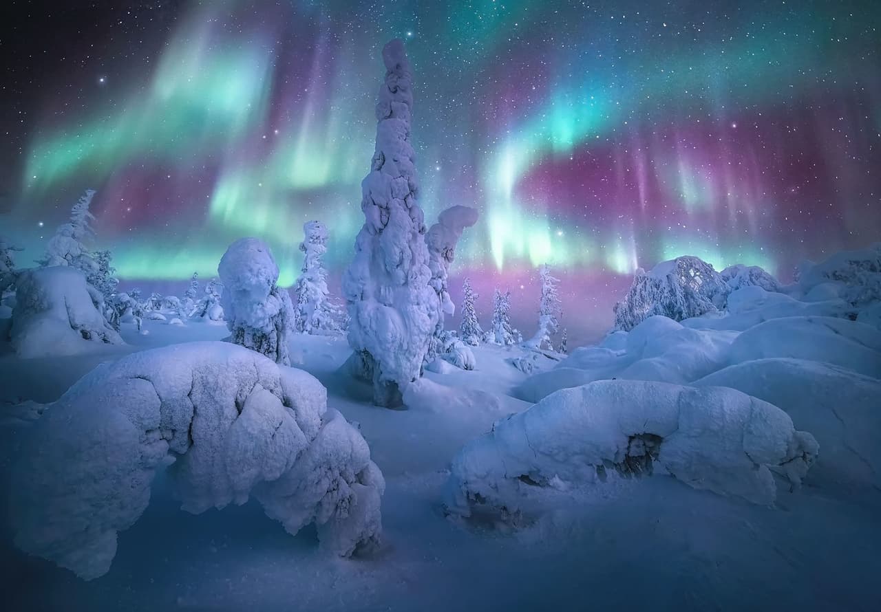 <b>‘El bosque de las luces’ </b>
<br>
<br>
<b>Alaska, Estados Unido</b>s
<br>
<br>“Pasear por estos bosques cubiertos de hielo es una de las experiencias más mágicas, pero también una de las más difíciles”, explicó el autor de esta fotografía. Para esta fotografía múltiple, el autor utilizó la última luz del crepúsculo para registrar el paisaje, y horas después realizó la toma del cielo y la aurora. 
<br>
<br>Esta selección de imágenes la realiza cada año 
<i>Capture the Atlas,</i> un 
<a href="https://capturetheatlas.com/"><u>blog de viajes y fotografía</u></a> que ayuda a los entusiastas de la cámara a planificar sus viajes y mejorar sus tomas. 
<br>