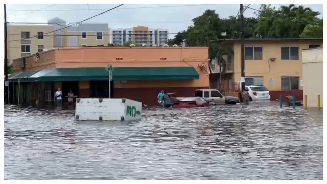 En la Pequeña Habana, los parqueaderos de algunos edificios se vieron afectados por las inundaciones y varios residentes no han podido salir de sus hogares. Muchos carros quedaron atrapados en la calle.