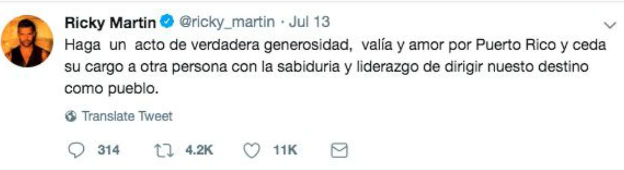 Tras exponer en 8 tuits las razones por las cuales entiende que está en lo correcto, con mucho respeto Ricky Martin le pidió al gobernador de Puerto Rico que ceda su cargo a otra persona que sí tenga la capacidad de liderar.