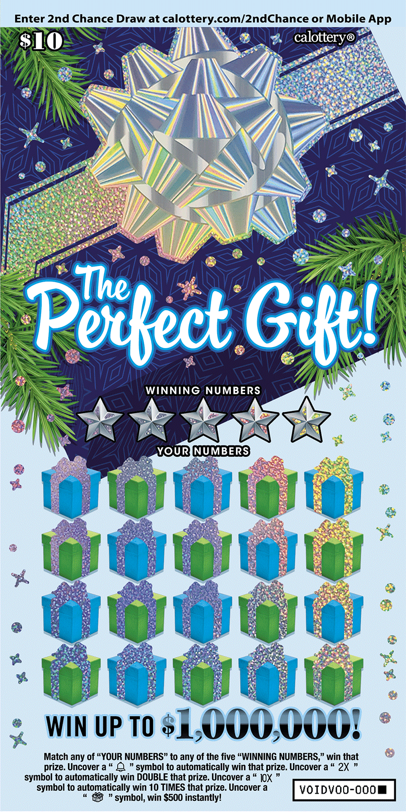 <h2 class="cms-H2-H2">The Perfect Gift</h2>
<br>Es un raspadito con un premio mayor de $1,000,000.
<br>La probabilidad de ganar cualquier premio es de 
<b>1 en 3.30.</b>