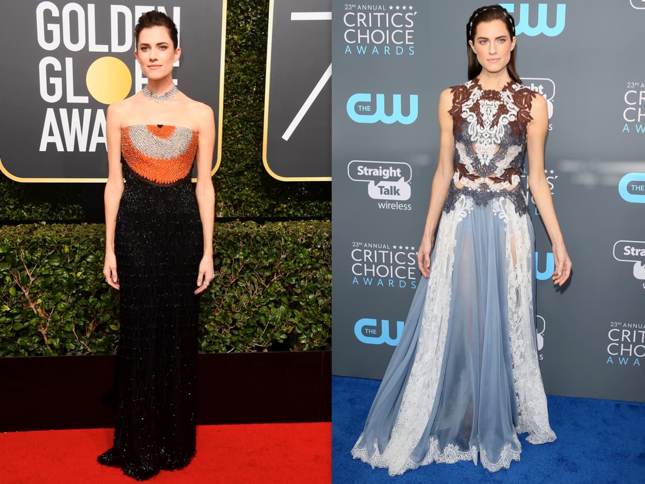 Allison Williams, de la serie Girls, vistió un traje con encajes en varios colores de Dolce & Gabbana, un look totalmente diferente al que usó en los Golden Globe.