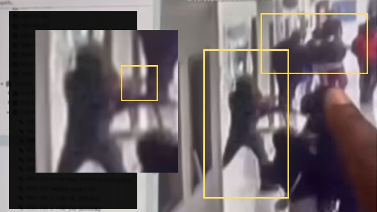El joven con la capucha reaparece en el video, esta vez 
<b>con lo que parece ser un arma de fuego en las manos.</b> Apunta hacia 
<b>un grupo de alumnos que intenta huir del lugar.</b>