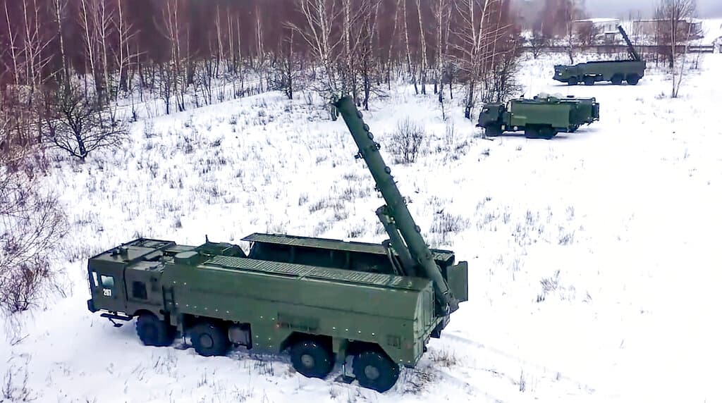 The Russian army's Iskander missile launchers take positions during drills in Russia, Jan. 25, 2022.