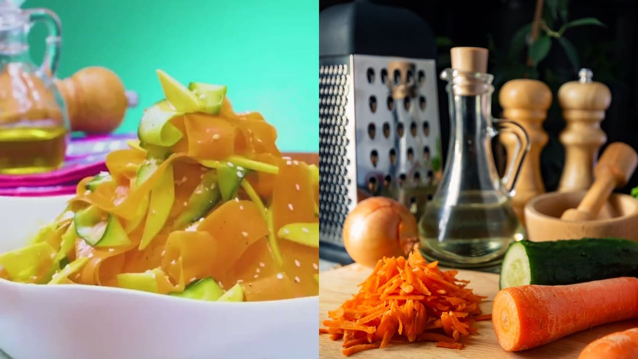 Ensalada fría de zanahoria, pepino y mango con aderezo de ajonjolí
