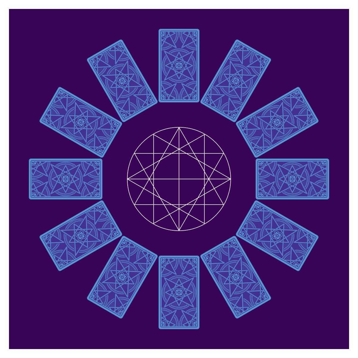 Hay otra tirada llamada del Zodiaco porque, acertaste, utiliza 12 cartas de tarot. Comenzando con la del centro a la izquierda, esa simboliza Aries y contra el sentido del reloj, irás de abajo hacia arriba con los signos que siguen, Tauro y así hasta terminar con Piscis (que sería en la gráfica la posición de las 10 en el reloj).