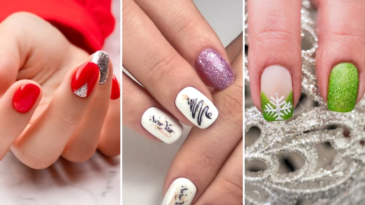 Nail art navideño con brillos para uñas cortas