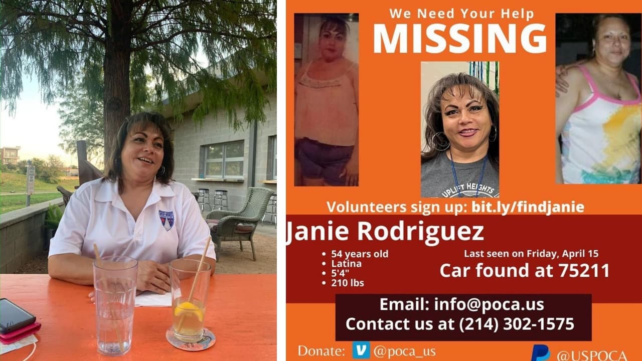 Juanita Rodríguez 
<b>fue vista con vida por última vez el 15 de abril en Duncanville,</b> según reportó su familia. Luego, su auto fue hallado tres días después abandonado y chocado en el sur de Dallas. El reporte de búsqueda fue activado ese día por la Policía de Duncanville. 
<br>