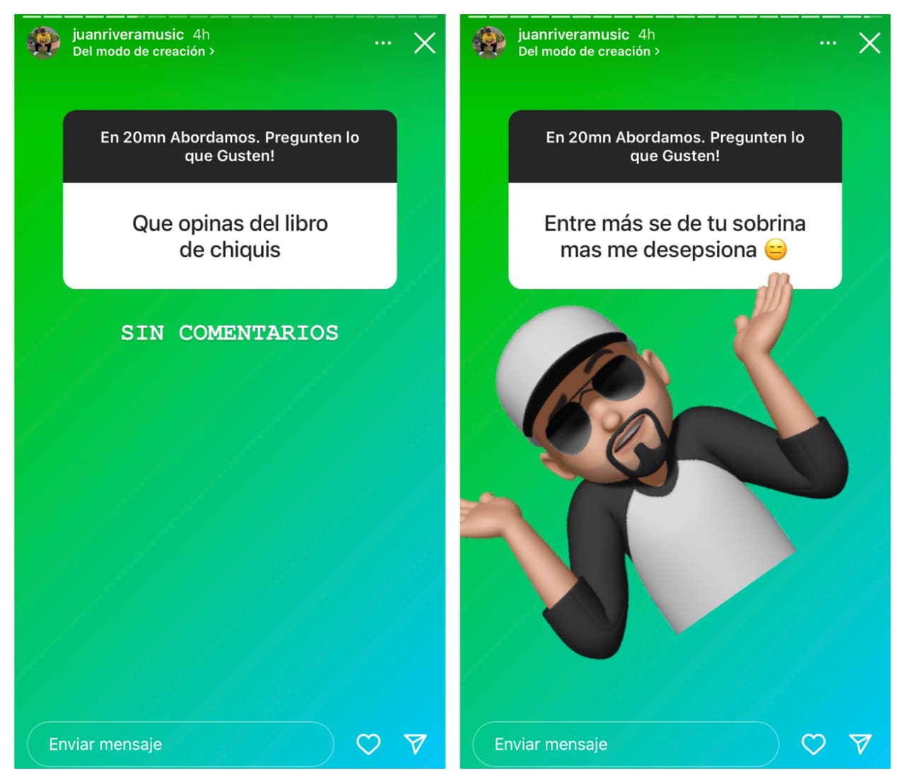 Ante esta pregunta, Juan Rivera se limitó a decir que no tenía comentario alguno y con un emoticono respondió a quien le dijo que "entre más sabía de su sobrina, más se decepcionaba". 
<br>