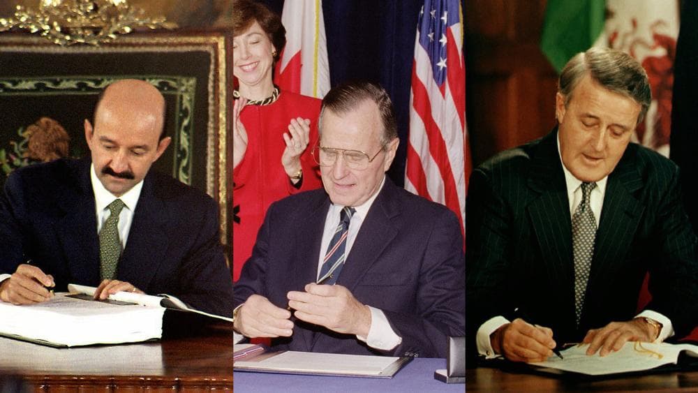 <b>La firma</b>. El 17 de diciembre de 1992, cada uno de los mandatarios en sus respectivas oficinas firmaron el acuerdo definitivo. Carlos Salinas de Gortari en Ciudad de México, George H. W. Bush en la Casa Blanca y Brian Mulroney en Ottawa.