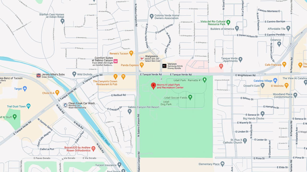 Morris K. Udall Center, 
<a href="https://www.google.com/maps/place/Morris+K+Udall+Park+and+Recreation+Center/@32.249289,-110.839047,16z/data=!4m6!3m5!1s0x86d66ee1fabfacab:0x6ba35670c3c56dc7!8m2!3d32.2492885!4d-110.8390471!16s%2Fg%2F1tdrftc0?hl=en&entry=ttu" target="_blank">7200 E Tanque Verde Road. </a>