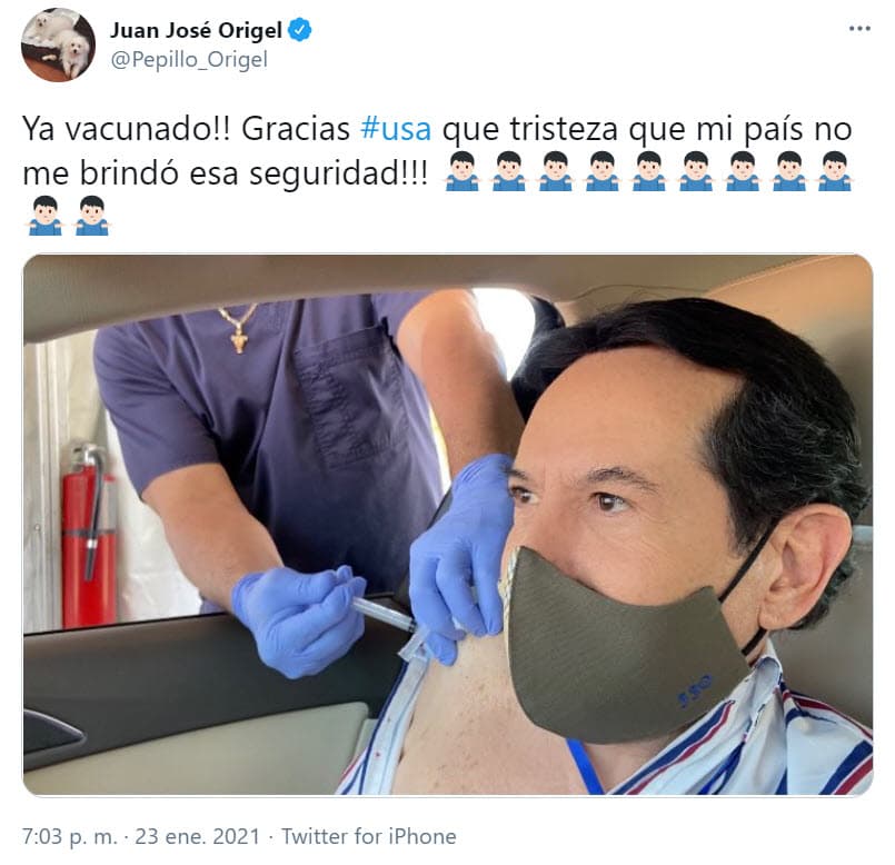 El 23 de enero, 
<b><a href="https://www.univision.com/famosos/juan-jose-origel-polemica-medios-internacionales-vacunado-miami-sin-ser-residente-covid-19-fotos">Juan José Origel</a></b> compartió en Twitter que se había puesto la primera dosis de la vacuna contra el covid-19 en Miami.
<br>