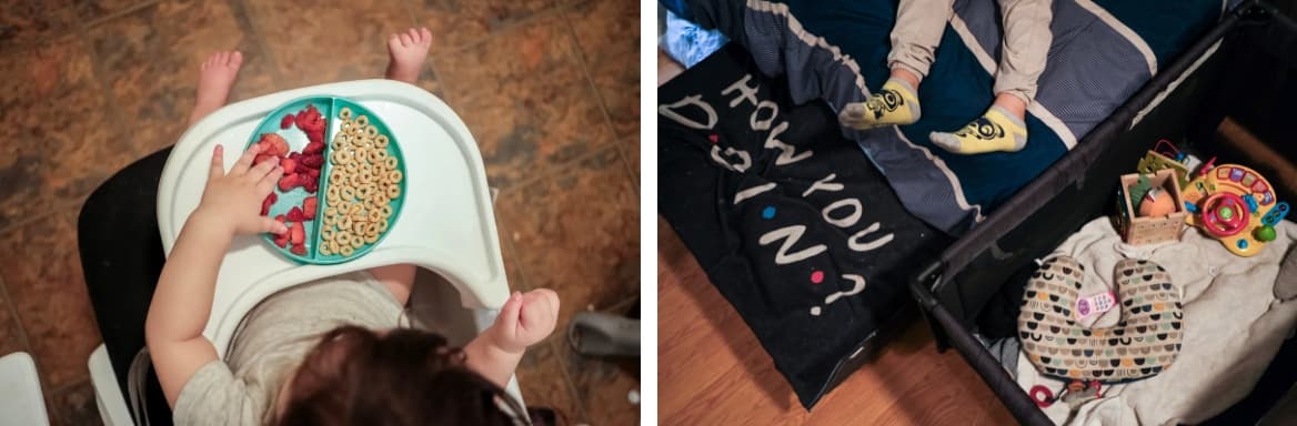 Primera foto: La hija de un año de los Durán, cuya identidad se mantiene en reserva por cuestiones de privacidad, desayuna en su apartamento en Los Ángeles. Segunda foto: El hijo de ocho años de los Durán, cuya identidad se mantiene en reserva por cuestiones de privacidad, se sienta en su cama en su apartamento el 8 de febrero de 2025. Fotos de Joel Angel Juarez para CalMatters
