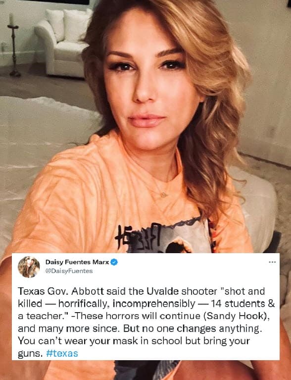La presentadora cubana, 
<b>Daisy Fuentes</b>, también externó su pesar e indignación: "El gobernador de Texas, Abbott, dijo que el tirador de Uvalde "disparó y mató, horrible e incomprensiblemente, a 14 estudiantes y un maestro". -Estos horrores continuarán (Sandy Hook), y muchos más desde entonces. Pero nadie cambia nada. No puedes usar tu máscara en la escuela, pero trae tus armas".
<br>
