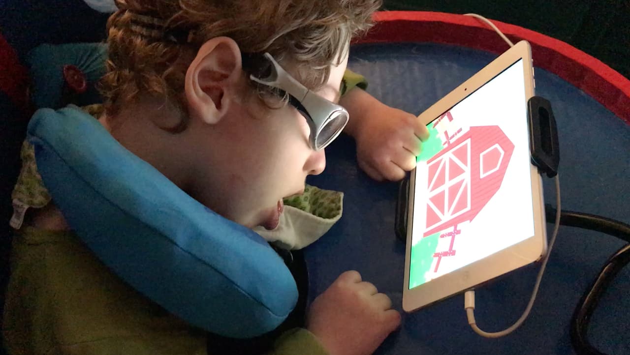 <b>Aprender a comunicarse. </b>En casa y en la escuela Alejandro usa un Ipad para jugar y comunicarse. Su centro de lenguaje ha sido afectado por una cirugía y lesiones cerebrales y él no puede hablar. Su maestro creó un botón o switch de movimiento con el que activa las funciones en la computadora moviendo su brazo. Es aún muy temprano para que él pueda utilizar esta combinación de tecnologías plenamente, pero cada día él avanza poquito a poquito. Con la ayuda de sus terapistas ocupacional y de visión, ha aprendido a tocar la pantalla con sus manos para jugar y activar funciones. Y cada día "habla y canta" con su abuela a través de Facetime.