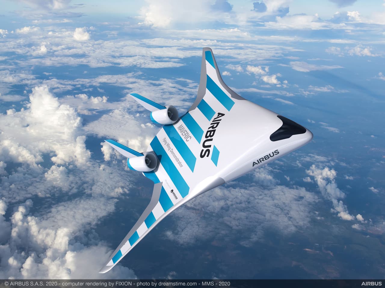 La empresa fabricante de aviones Airbus develó el prototipo 'Maveric', un innovador modelo de avión comercial que tiene el fuselaje y las alas unidas. El diseño revolucionario de este avión de pruebas representa para Airbus el futuro de la aeronáutica comercial, en la que se destacan la nueva distribución del espacio para los pasajeros y la significativa reducción del gasto de combustible.