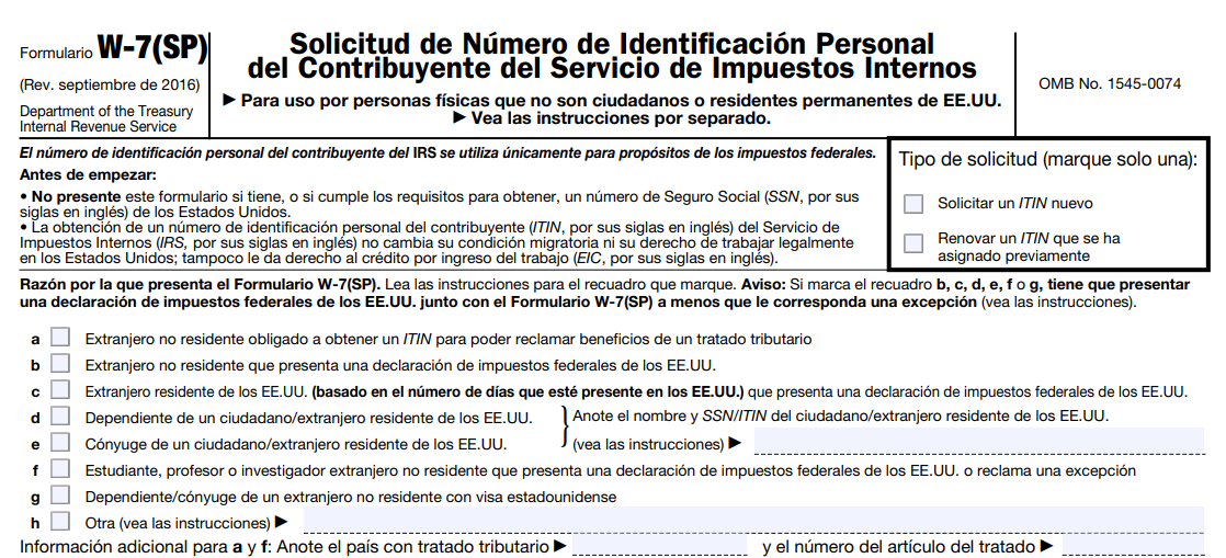 Al Formulario W-7 es necesario adjuntarle los documentos de identificación originales, o copias de los mismos certificados por la agencia emisora, y cualquier otro anexo requerido.
<br>
<br>Marcar en él la razón por la que necesita el ITIN, según está descrito en el Formulario W-7(SP) y las instrucciones del Formulario W-7 (SP).
<br>
<br>Nota: No tiene que adjuntar una declaración de impuestos a una solicitud de renovación.