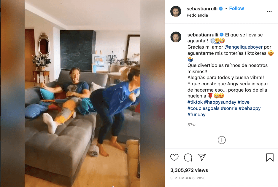 En otra publicación fingieron que se tiraban gases y se ahogaban con ellos. Pero 
<a href="https://www.univision.com/famosos/sebastian-rulli-angelique-boyer-beso-ferdinando-valencia-vencer-el-pasado">Sebastián Rulli</a> rápidamente aclaró que Angelique no le haría eso porque “los de ella huelen a rosas”.
