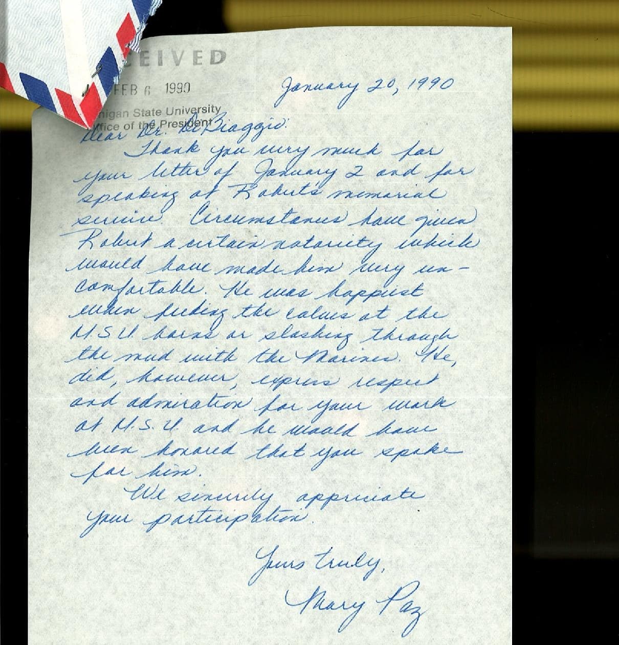 La carta que Mary Paz, la madre del teniente Paz, envió a su universidad después de su muerte.