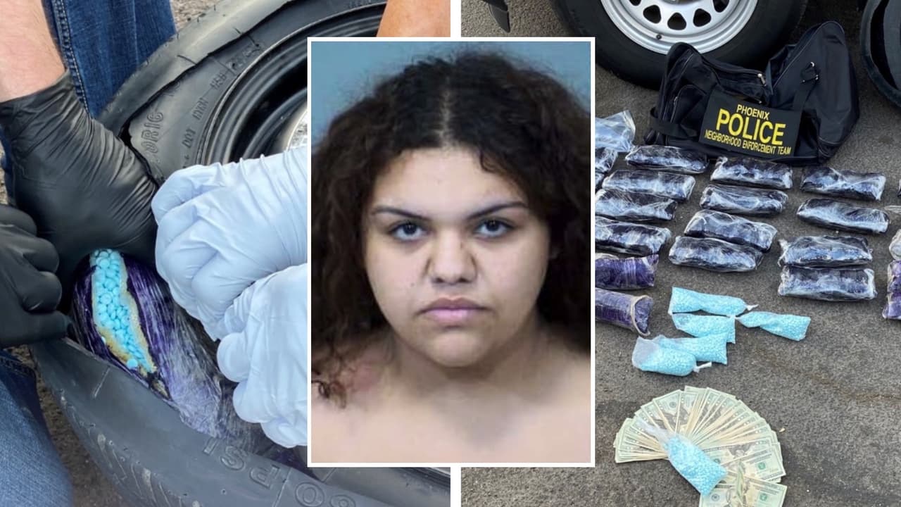 Encuentran 166,000 pastillas de fentanilo escondidas dentro de un neumático de repuesto, arrestan a la conductora