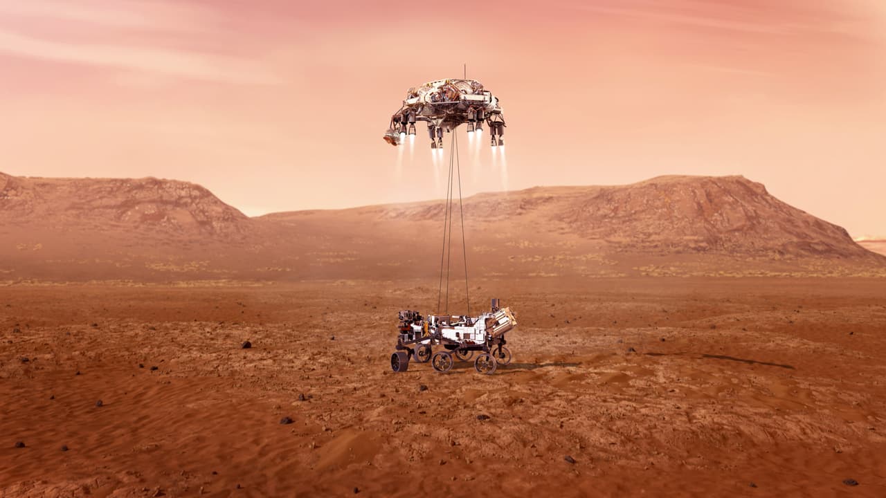Una ilustración del rover Perseverance de la NASA aterrizando en Marte.