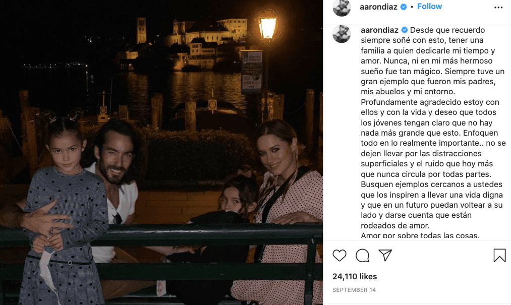 Estas no son las primeras veces que 
<a href="https://www.univision.com/famosos/las-hijas-de-aaron-diaz-estan-enormes-pero-el-quiere-seguir-cargandolas-siempre-fotos">el actor muestra a sus hijas</a>. En esta imagen de septiembre de 2021 agradeció a la vida por su familia. “Desde que recuerdo siempre soñé con esto, tener una familia a quien dedicarle mi tiempo y amor. Nunca, ni en mi más hermoso sueño, fue tan mágico”