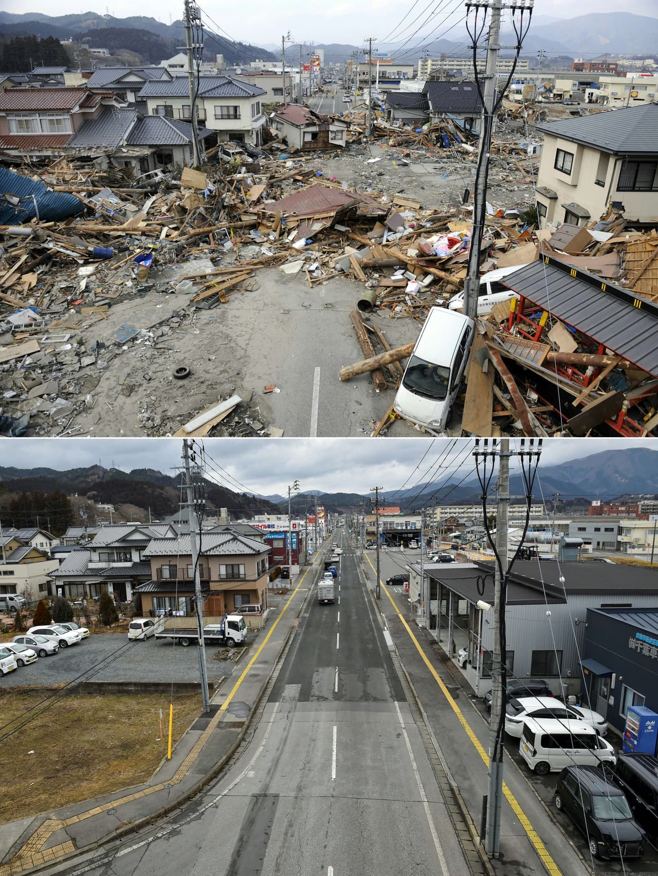 Ofunato, prefectura Iwate. 14 de marzo de 2011 y 27 de enero de 2021.