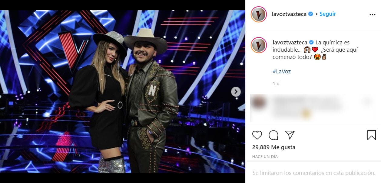 La cuenta del reality show 'La Voz', programa en el cual ambos son coaches, confirmó el romance con dos publicaciones en Instagram.
<br>