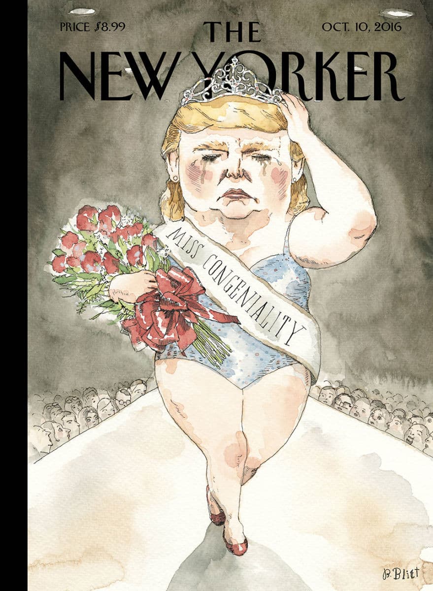 <b>10 DE OCTUBRE DE 2017.</b> 
<b><i><a href="http://www.newyorker.com/culture/culture-desk/cover-story-2016-10-10" target="_blank">"Miss Congeniality"</a></i></b> (Traducido como 'Miss Simpatía'). Cuando Hillary Clinton en un debate con Trump sacó a relucir 
<b><a href="http://www.univision.com/estilo-de-vida/trending/el-peso-de-alicia-machado-se-cuela-en-el-debate-presidencial" target="_blank">el trato despectivo que le dio a la ex Miss Universo venezolana Alicia Machado cuando él gerenciaba el concurso </a></b>llamándola "Miss Piggy" por haber subido de peso, esta fue la portada de Barry Blitt. Viendo el debate, 
<b><a href="http://www.newyorker.com/culture/culture-desk/cover-story-2016-10-10" target="_blank">el artista dijo</a></b>: "De todas las creencias peligrosas de Trump su misoginia 'podría ser su talón de Aquiles'".