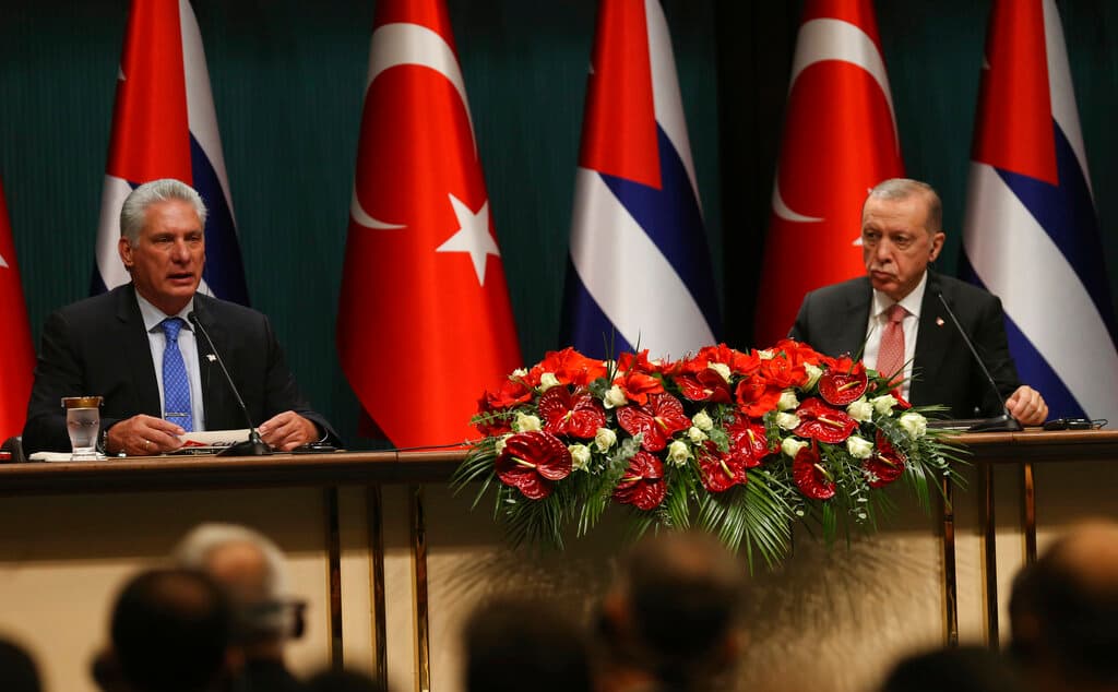 Turkish President Recep Tayyip Erdogan, right, and Cuba's President Miguel Diaz-Canel speak during a joint news conference at the presidential palace in Ankara, Turkey, Wednesday, Nov. 23, 2022.