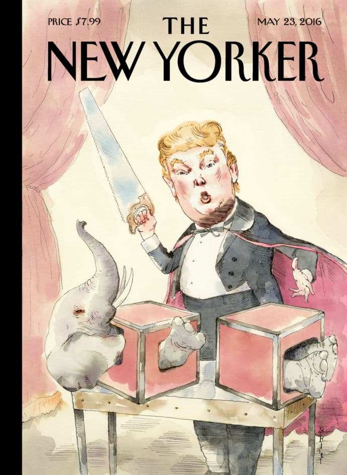 <b>23 DE MAYO DE 2016. </b>"Gran Ilusión" se llama esta obra de Blitt en la que dibujó a Trump como un ilusionista cortando al medio a un elefante, símbolo del Partido Republicano. El artista observó: "La grieta inducida por Trump en el Gran Viejo Partido (GOP) es el menos deprimente de los puntos en el ciclo actual de noticias".