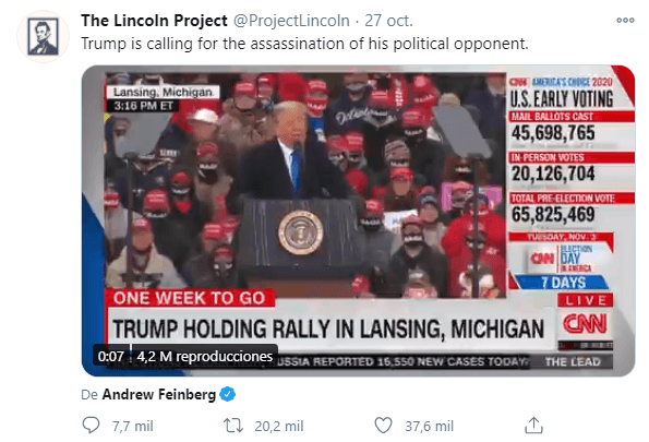 Captura de pantalla de Twitter tomada el 29 de octubre de 2020.