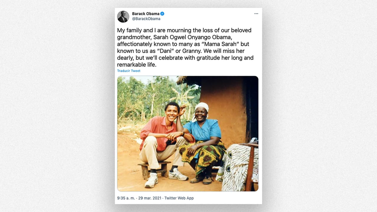 “Mi familia y yo estamos de luto por la pérdida de nuestra querida abuela, Sarah Ogwel Onyango Obama, conocida cariñosamente por muchos como ‘Mamá Sarah’”, 
<a href="https://twitter.com/BarackObama/status/1376528504490196993"><u>tuiteó el lunes por la mañana el expresidente Obama</u></a>. “La extrañaremos mucho, pero celebraremos con gratitud su larga y extraordinaria vida”, agregó en el mensaje.
