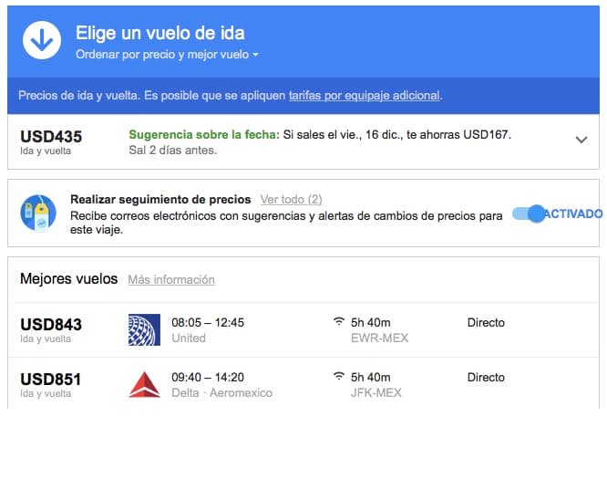 "Si sales 2 días antes, te ahorras 167 dólares", avisa el buscador acerca de un vuelo a México en las fechas navideñas. Esta es una de sus ventajas más útiles, pues a veces basta con volar un día diferente de la semana para que el precio baje considerablemente.