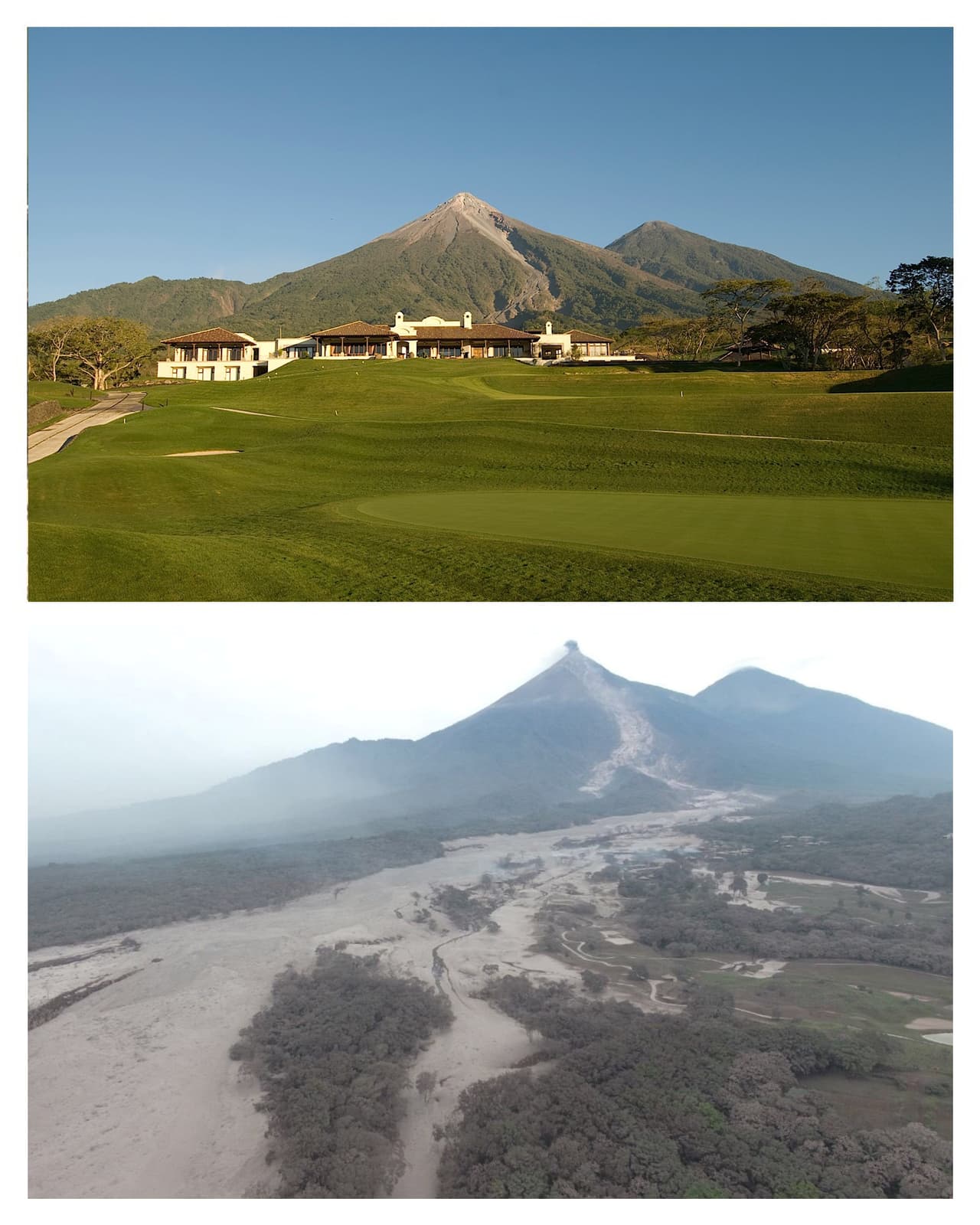 Los equipos de rescate lucharon en condiciones peligrosas para encontrar cuerpos debajo de la ceniza y barro que descendieron desde el volcán, uno de los más activos de Latinoamérica. La imagen compara la zona del Hotel La Reunión antes y despues de la erupción.