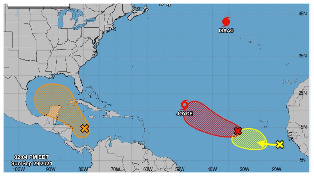 El 
<b><a href="https://www.univision.com/local/miami-wltv/huracan-isaac-tormenta-tropical-joyce-avanzan-atlantico-peligro-florida" target="_blank">huracán Isaac y la tormenta tropical Joyce</a></b> se mantienen activos en el Atlántico, ahora seguidos por la depresión tropical 12. Hasta este domingo, ninguno de los tres sistemas representaba una amenaza para tierra firme. La depresión tropical 12, según meteorólogos del Centro Nacional de Huracanes, tiene condiciones para convertirse en
<b> el huracán Kirk.</b>