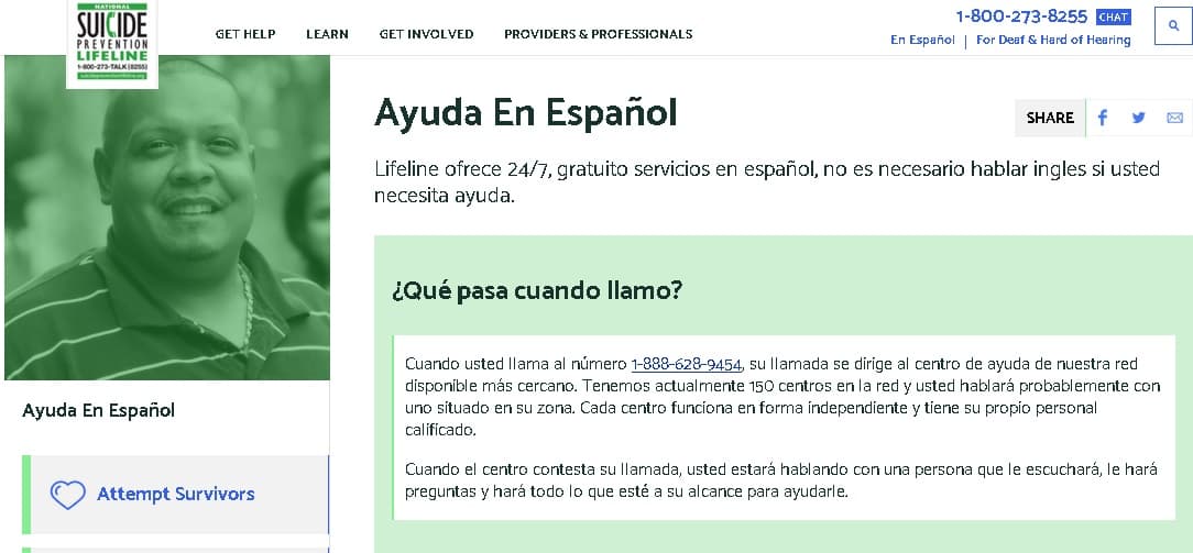 Si tú o alguien que conoces tiene pensamientos suicidas, puedes encontrar ayuda inmediata en inglés y español en la Línea Nacional de Prevención del Suicidio, llamando al 1-800-273-8255 o entrando 
<b><a href="https://suicidepreventionlifeline.org/help-yourself/en-espanol/">a este sitio web.</a></b>
<br>
<br>