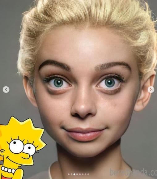 <b>Lisa Simpson</b>
<br>“Lo que más tiempo lleva es encontrar una imagen que asemeje al personaje. Me paso horas en bancos de imágenes hasta conseguirlo. Siempre digo que encontrar la imagen perfecta para que sea la base del arte lleva mucho más tiempo que hacer el arte”, comentó el artista brasileño en entrevista con ‘Newsweek’ (2022).