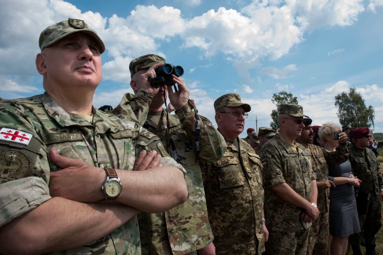 El Comandante Adjunto del Ejército de los Estados Unidos en Europa, Mayor General Timothy McGuire (segundo desde la izquierda) y otros dignatarios observan un ejercicio de entrenamiento de campo en el Centro Internacional de Mantenimiento de la Paz y Seguridad en Yavoriv, Ucrania, del 27 de junio al 8 de julio de 2016.