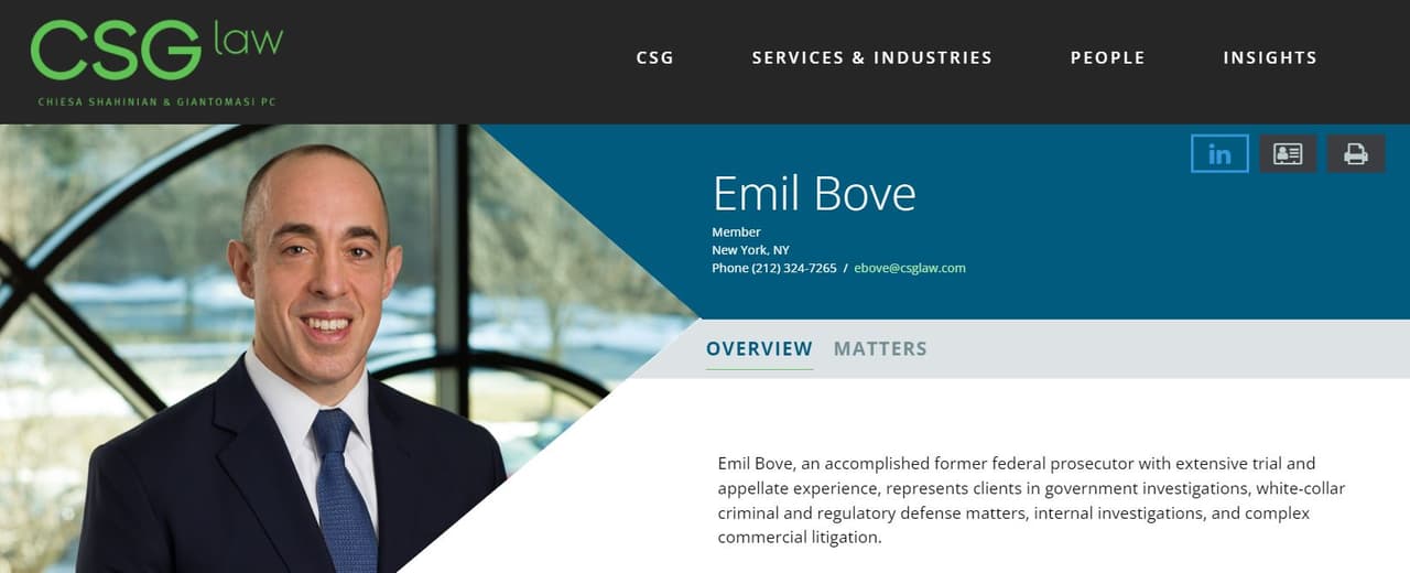 Emil Bove, ex fiscal federal del Distrito Sur de Nueva York dejo su cargo el 30 de diciembre, 2021.