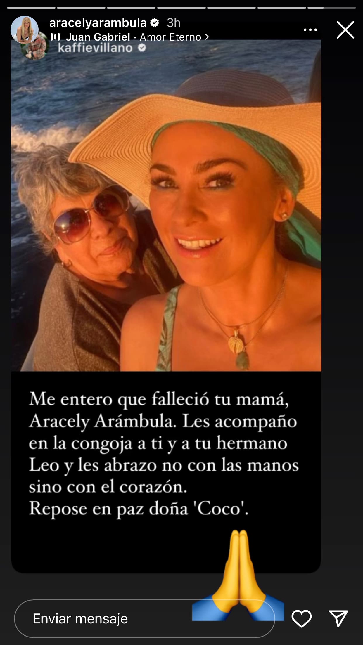 Así reaccionó Aracely Arámbula tras darse a conocer la muerte de su madre. Respondió este pésame que le hizo llegar Alex Kaffie a través de Instagram.